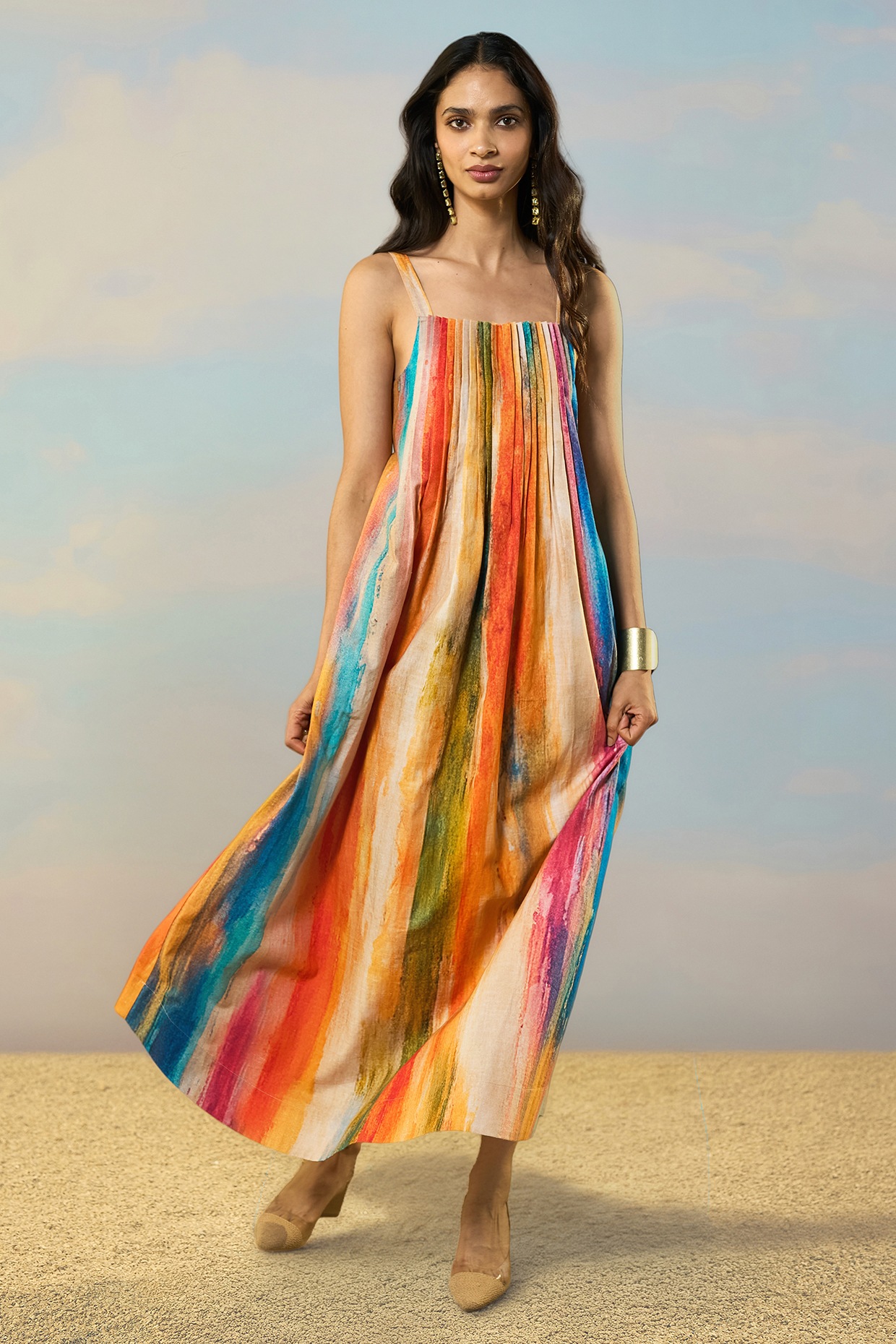 Dash and Dot Multi-Colored Organic Cotton Linen Printed Maxi Dress
