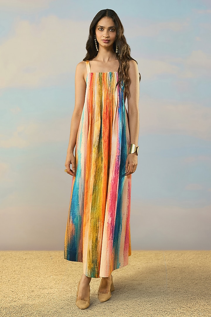Multi-Colored Organic Cotton Linen Printed Maxi Summer Dress by Dash and Dot at Pernia's Pop Up Shop