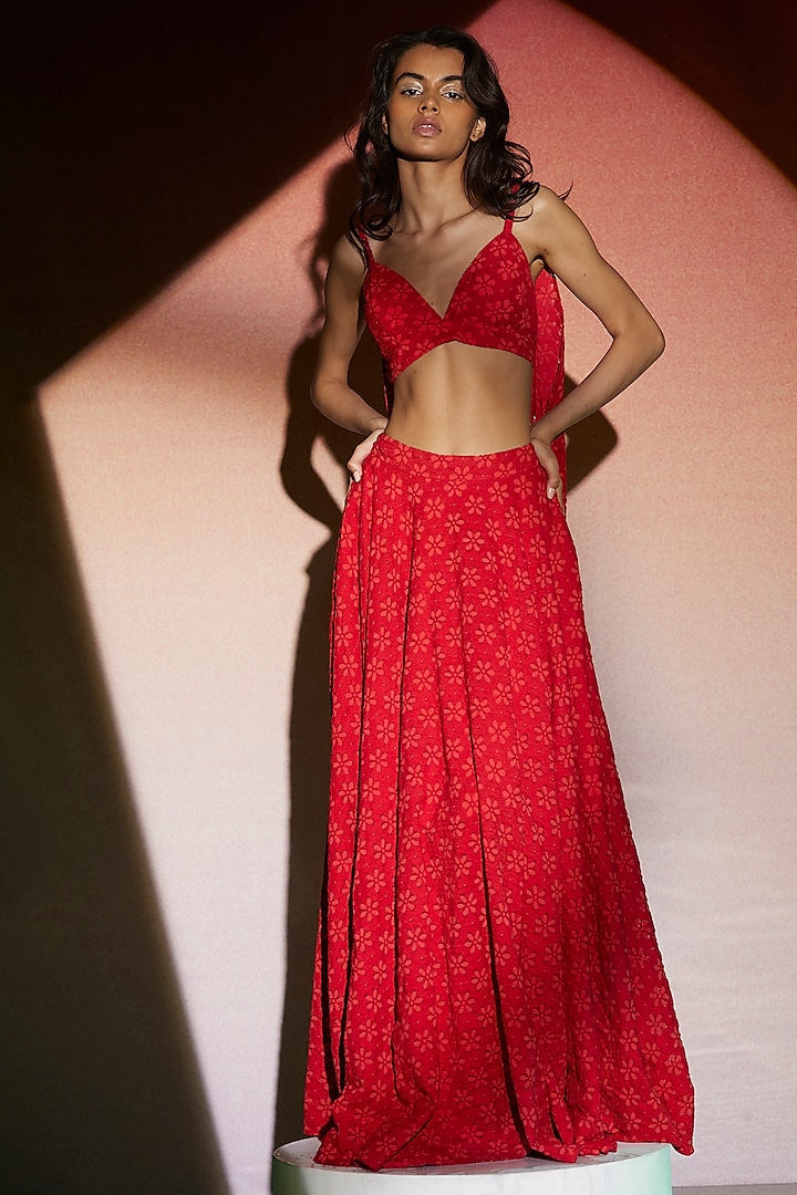 Bright Red Cotton Lace Flared Maxi Skirt Set by Dash and Dot