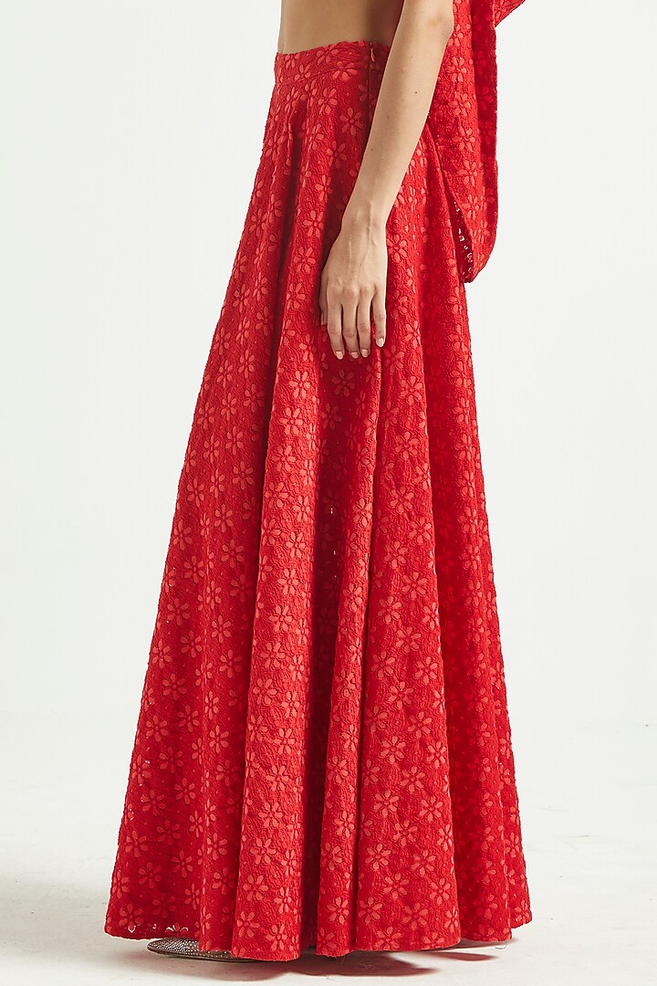 Bright Red Cotton Lace Flared Maxi Skirt Set by Dash and Dot at Pernia's Pop Up Shop