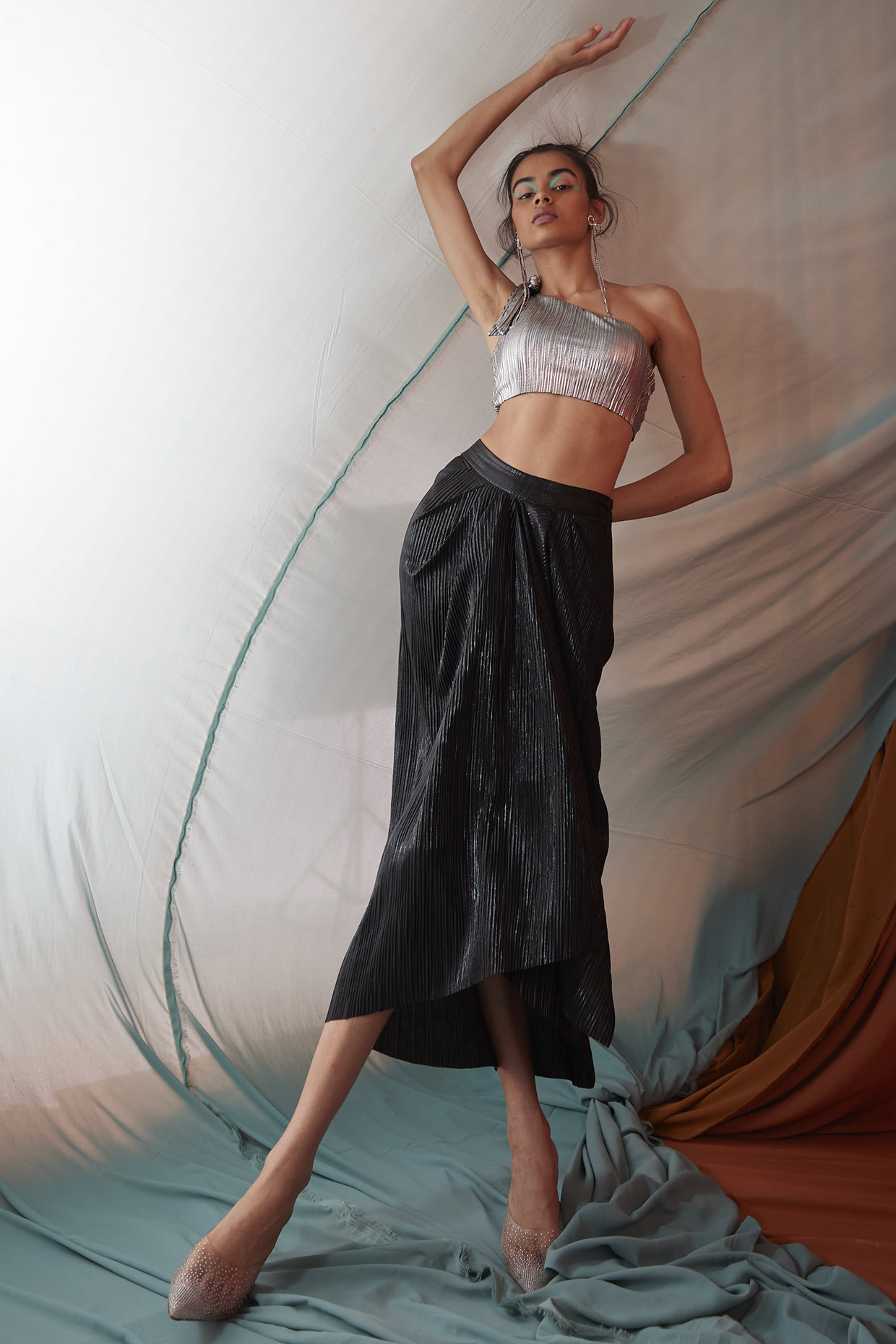 Black Polyester Draped Skirt Set by Dash and Dot