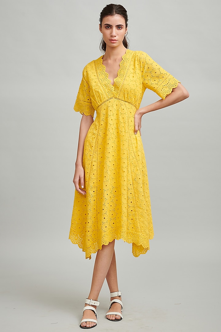 Yellow Embroidered A-Line Midi Dress by Dash and Dot