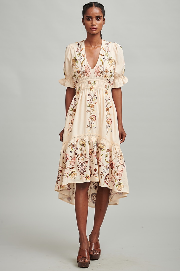 Natural Colored Embroidered Tiered Midi Dress by Dash and Dot