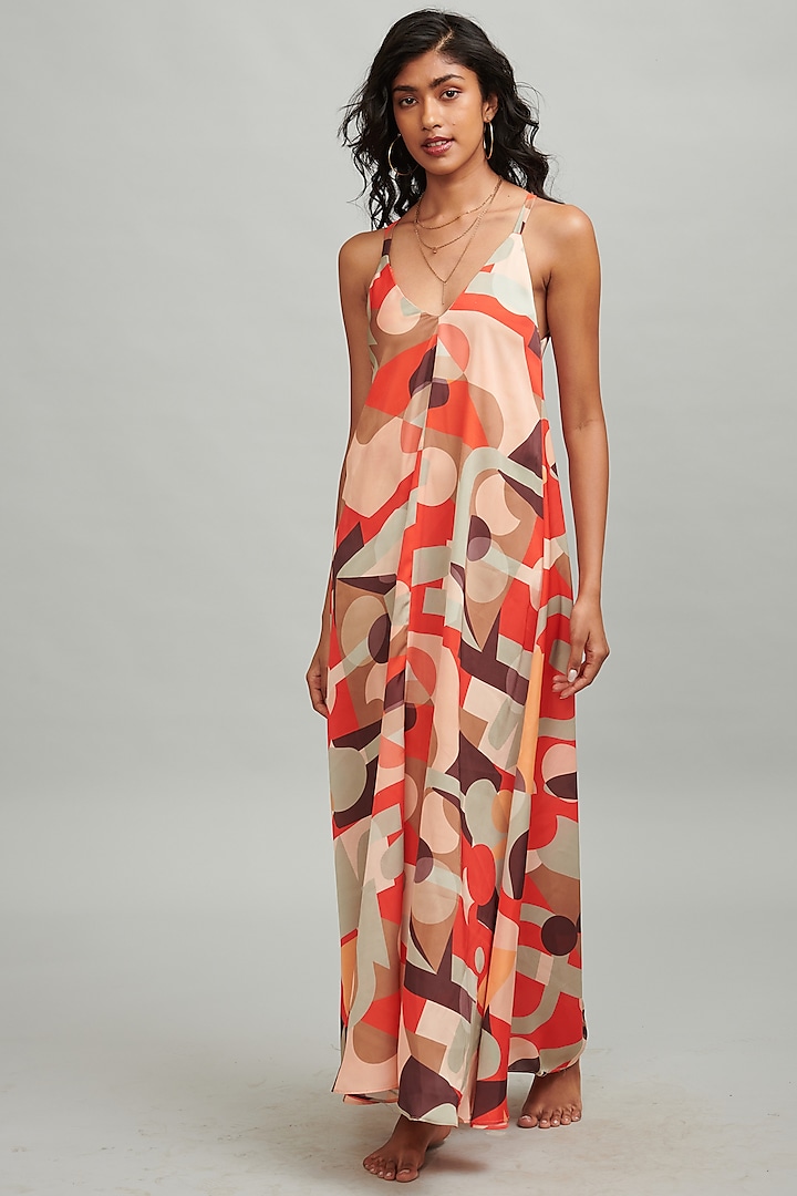Red Abstract Printed Maxi Dress by Dash and Dot
