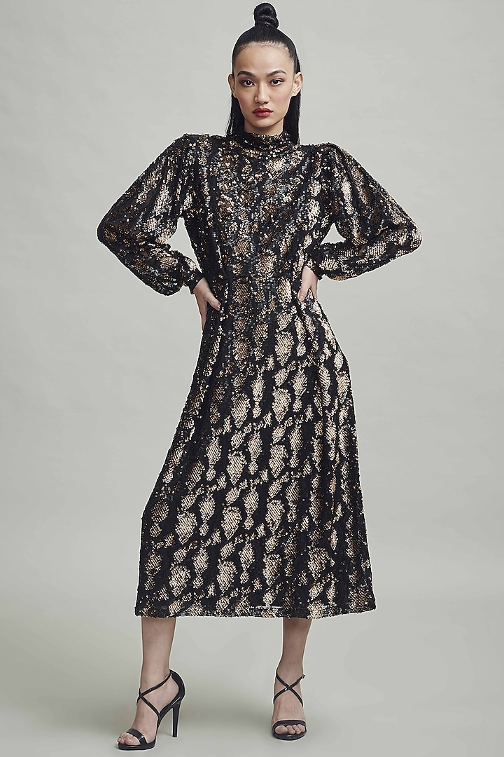 Black & Gold Midi Dress With Sequins Work by Dash and Dot