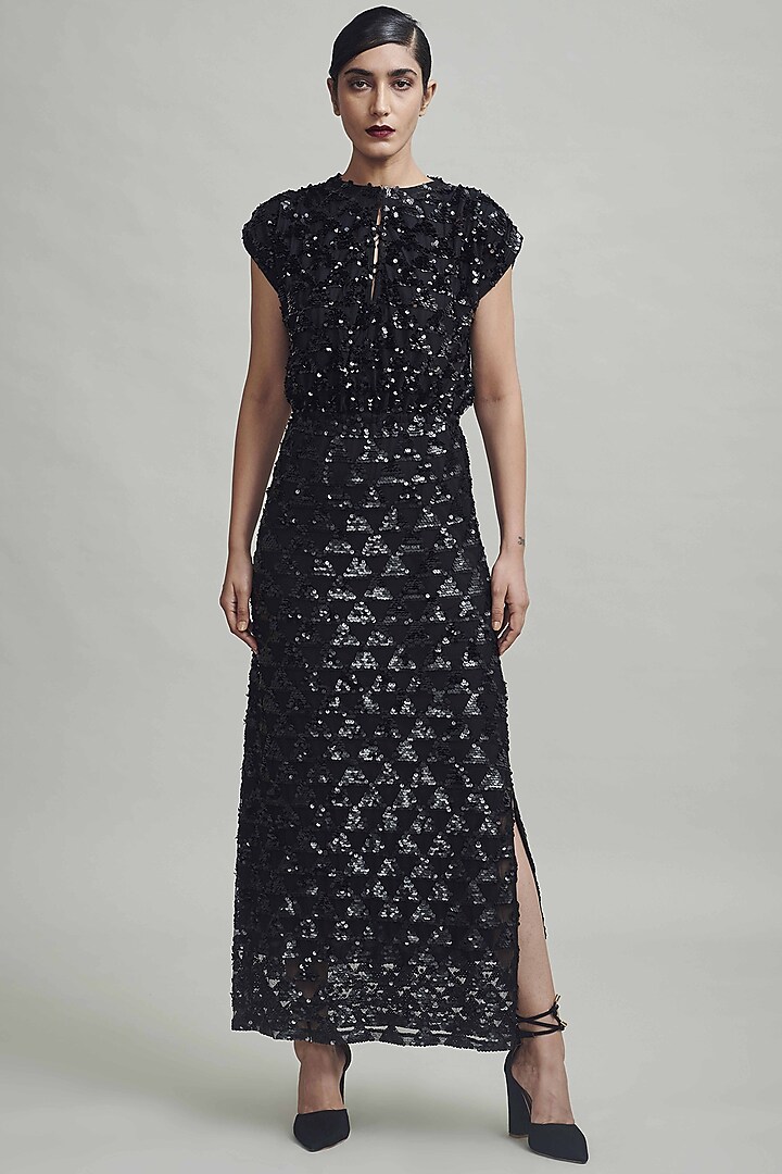 Black Midi Dress With Sequins Work by Dash and Dot