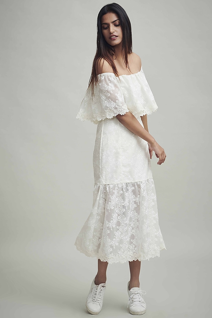 White Embroidered Midi Dress by Dash and Dot