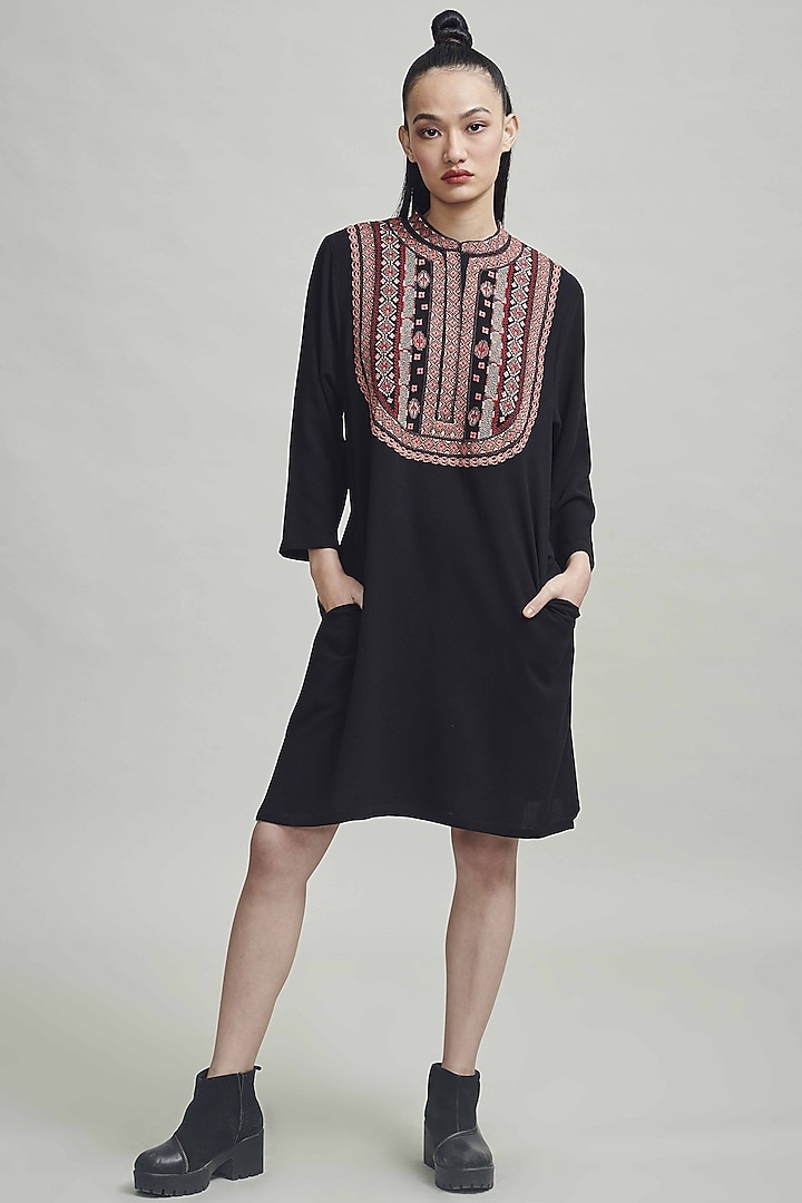 Black Embroidered Shift Dress by Dash and Dot