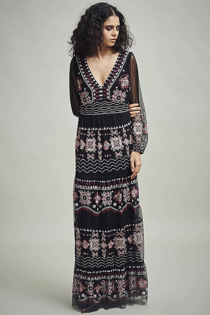 Black  Embroidered Maxi Dress by Dash and Dot
