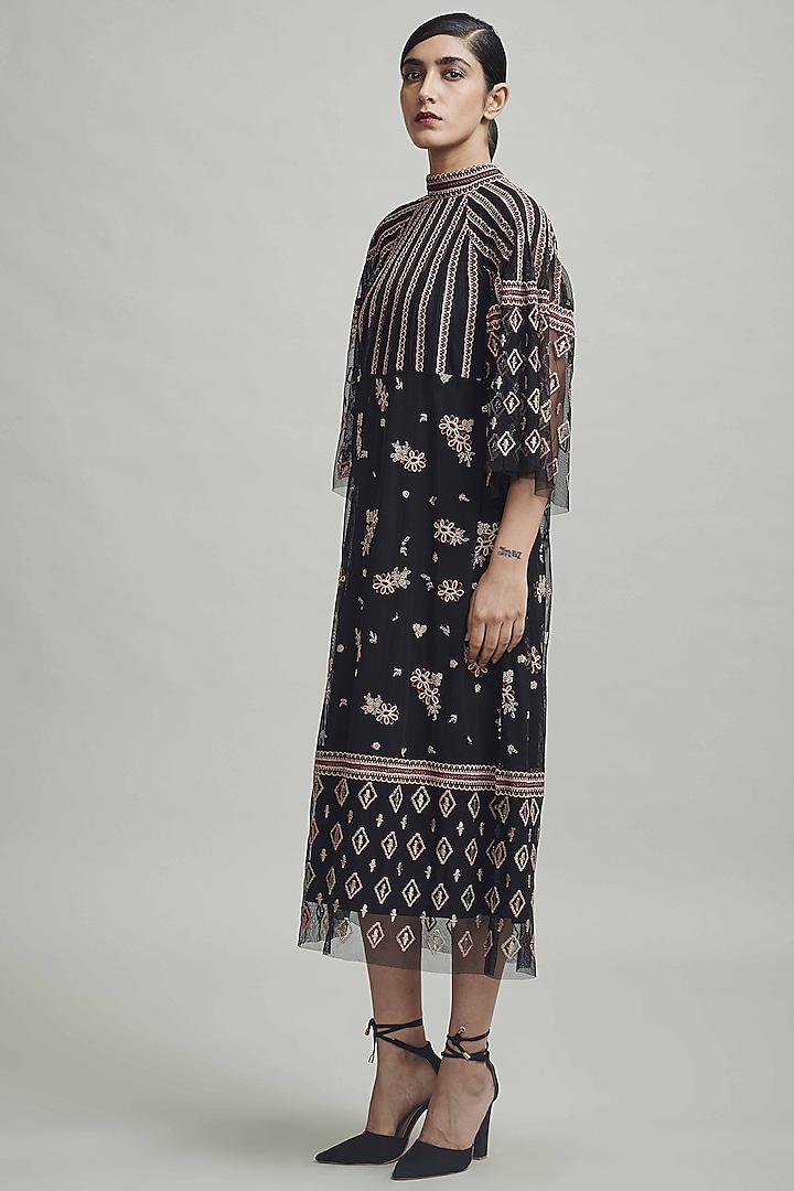 Black Embroidered Midi Dress by Dash and Dot