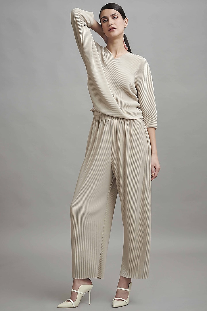 Wheat Polyester Wide-Legged Pants by Dash and Dot