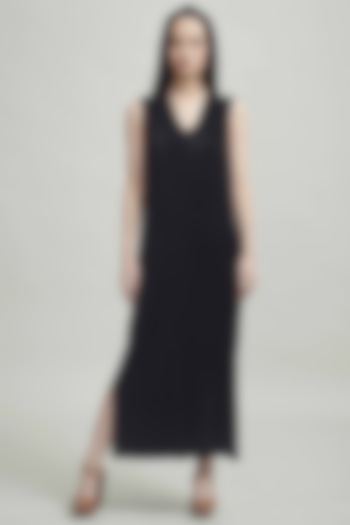 Black Polyester Pleated Maxi Dress by Dash and Dot at Pernia's Pop Up Shop