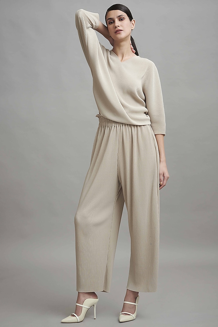 Wheat Polyester Wide-Legged Pant Set by Dash and Dot