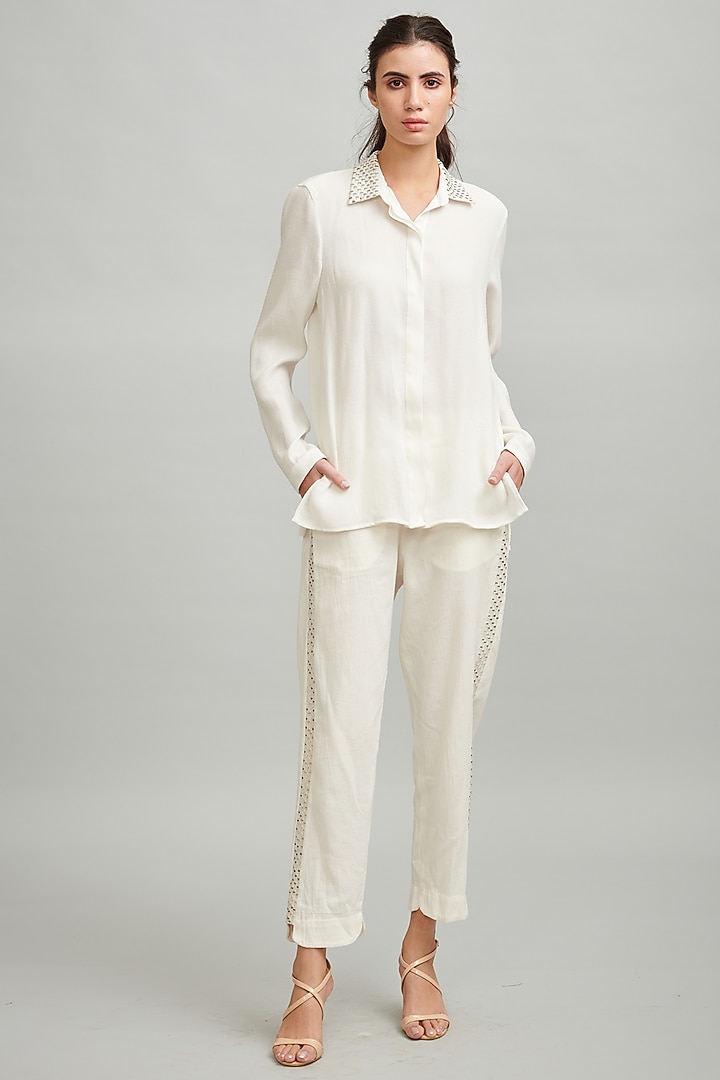 Ivory Mirror Embroidered Elasticated Pant Set by Dash and Dot at Pernia's Pop Up Shop