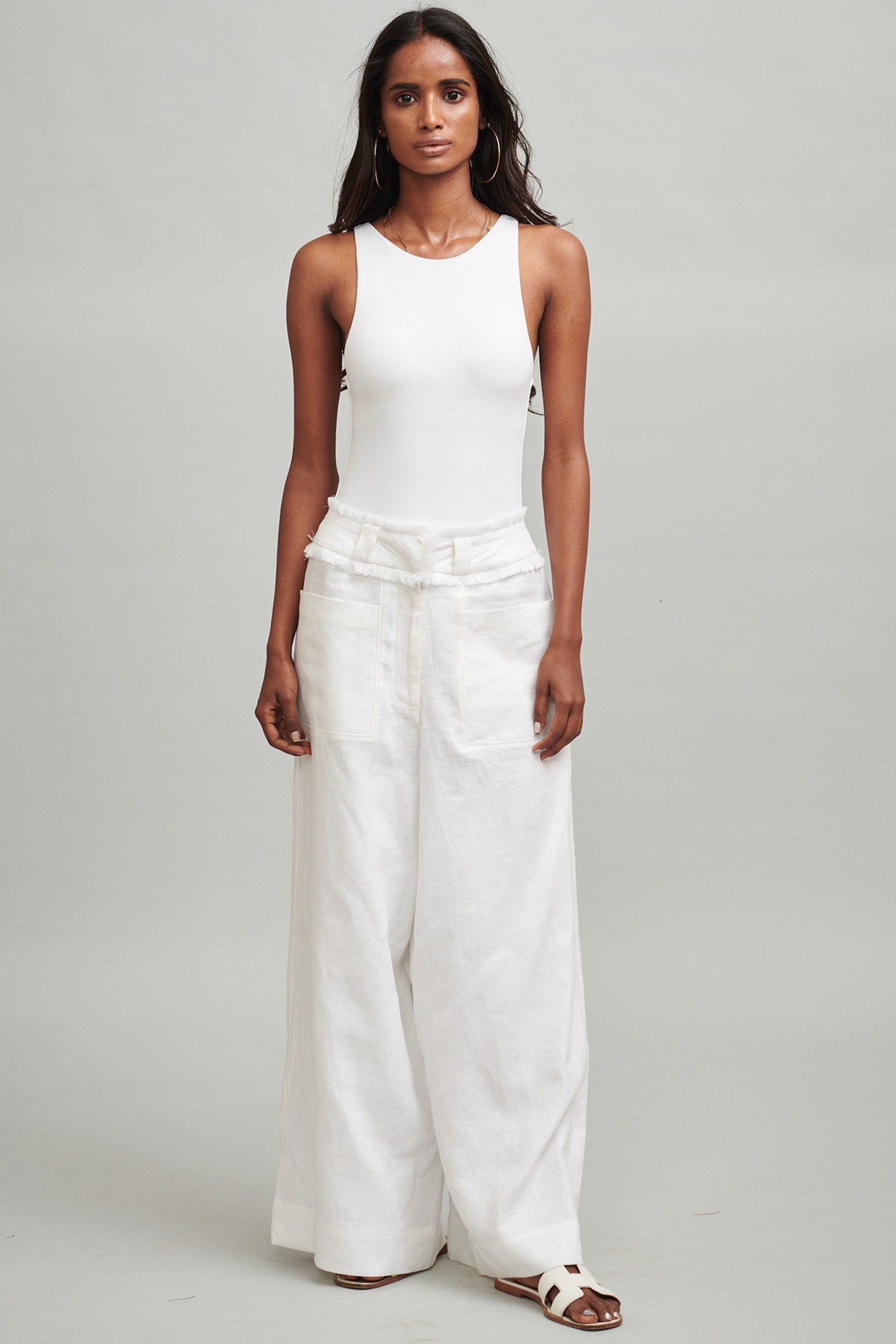 White Linen Wide-Legged Pants Design by 