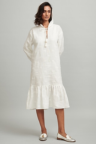 White Embroidered Midi Dress With Hood by Dash and Dot