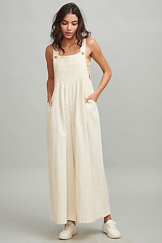 Ivory Cotton Flowy Dungarees by Dash and Dot