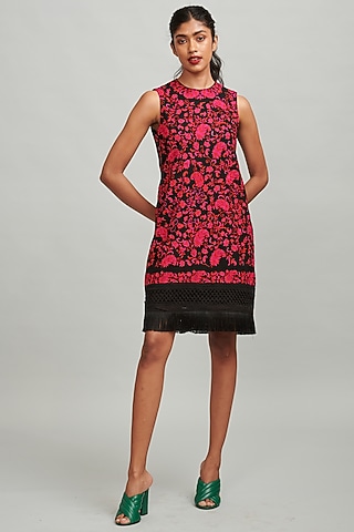 Fuchsia & Black Embroidered Dress by Dash and Dot