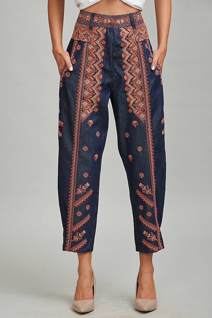 Denim Blue Embroidered High-Waisted Pants by Dash and Dot at Pernia's Pop Up Shop