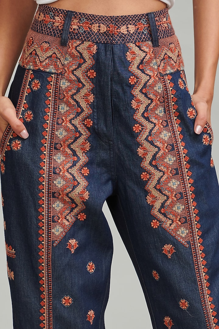 Denim Blue Embroidered High-Waisted Pants by Dash and Dot at Pernia's Pop Up Shop