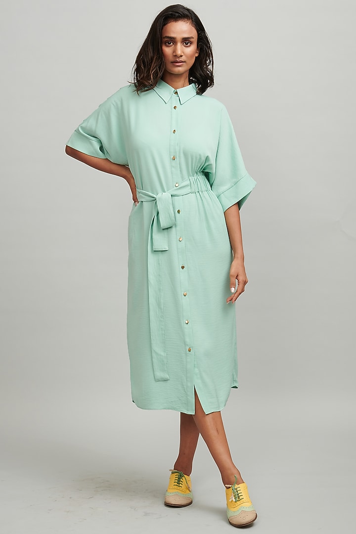Sea-Green Polyester Flowy Summer Shirt Dress by Dash and Dot at Pernia's Pop Up Shop