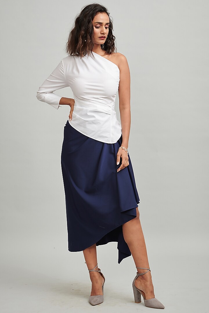 Navy Blue High-Waisted Draped Flowy Skirt by Dash and Dot