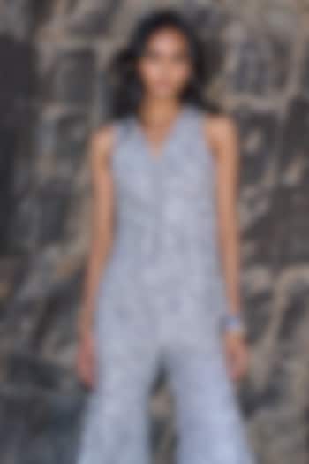 Grey Recycled Polyester Metallic Thread & Floral Embroidered Peplum Top by Dash and Dot at Pernia's Pop Up Shop