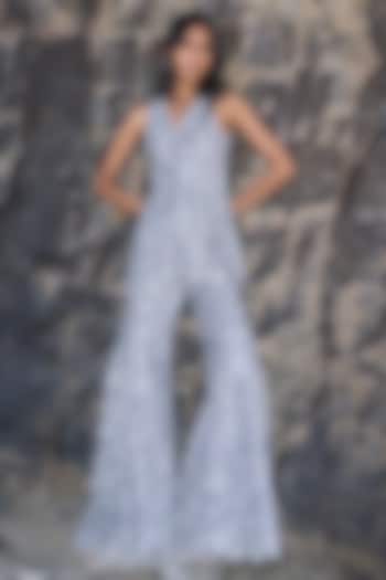 Grey Recycled Polyester Lace & Metallic Thread Embroidered Flared Pants by Dash and Dot at Pernia's Pop Up Shop