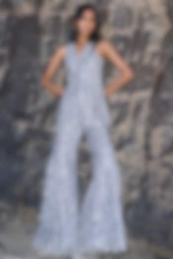 Grey Recycled Polyester Lace & Metallic Thread Embroidered Pant Set by Dash and Dot at Pernia's Pop Up Shop