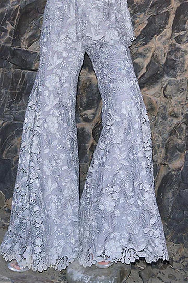 Grey Recycled Polyester Lace & Metallic Thread Embroidered Pant Set by Dash and Dot at Pernia's Pop Up Shop