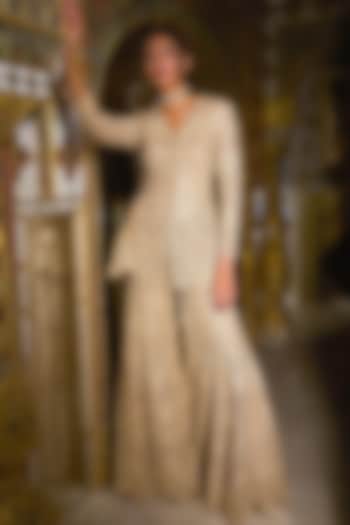 Gold Polyester Lace & Metallic Thread Embroidered Pant Set by Dash and Dot at Pernia's Pop Up Shop