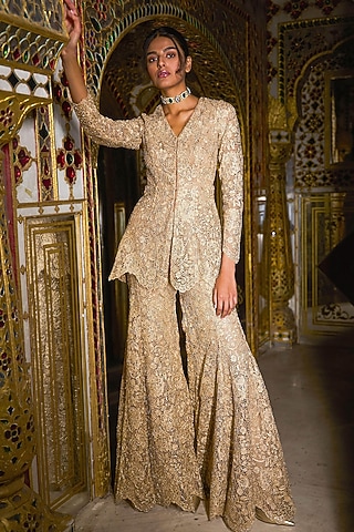 Gold Polyester Lace & Metallic Thread Embroidered Pant Set by Dash and Dot