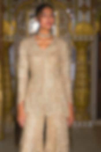 Grey Recycled Polyester Lace & Metallic Thread Embroidered Peplum Top by Dash and Dot at Pernia's Pop Up Shop