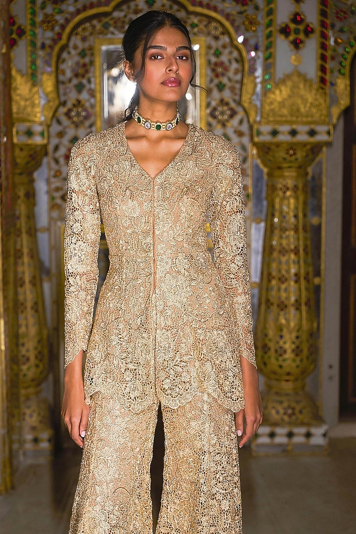 Grey Recycled Polyester Lace & Metallic Thread Embroidered Peplum Top by Dash and Dot at Pernia's Pop Up Shop