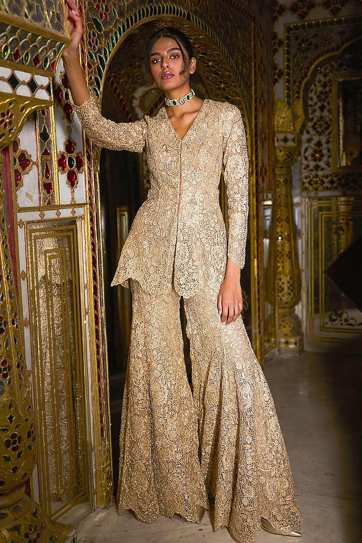 Gold Recycled Polyester Lace & Metallic Thread Embroidered Flared Pants by Dash and Dot at Pernia's Pop Up Shop