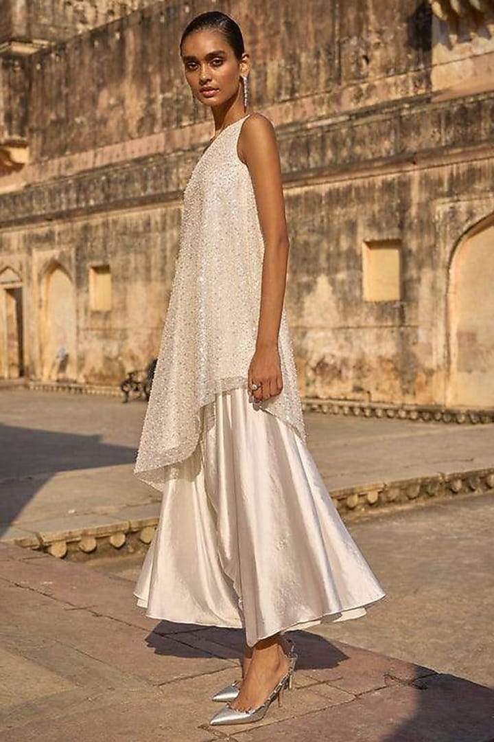 Ivory Polyester Pearl & Sequins Embroidered Tunic Set by Dash and Dot at Pernia's Pop Up Shop