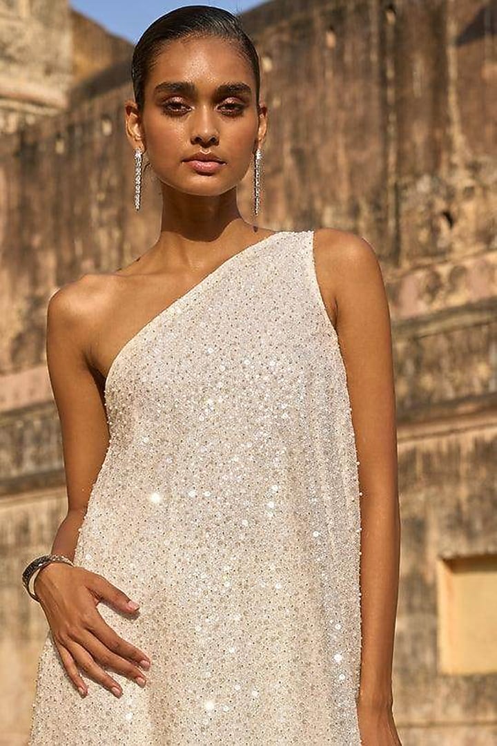 Ivory Polyester Pearl & Sequins Embroidered Tunic Set by Dash and Dot at Pernia's Pop Up Shop