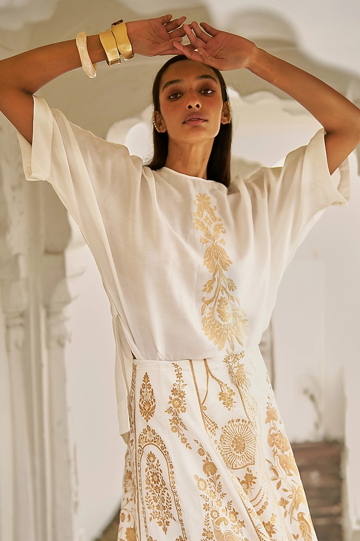 Ivory Silk Textured Viscose Thread Embroidered Shirt by Dash and Dot at Pernia's Pop Up Shop