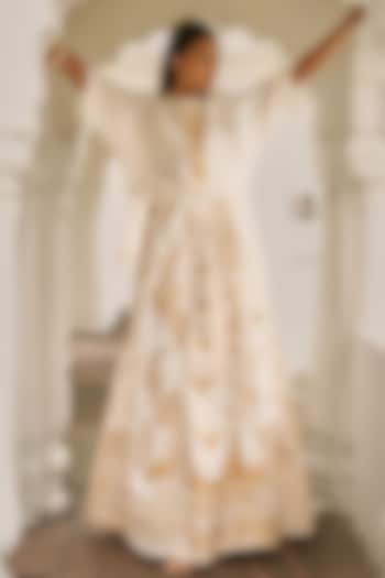 Ivory Banarsi Silk Brocade Block Printed Skirt by Dash and Dot at Pernia's Pop Up Shop