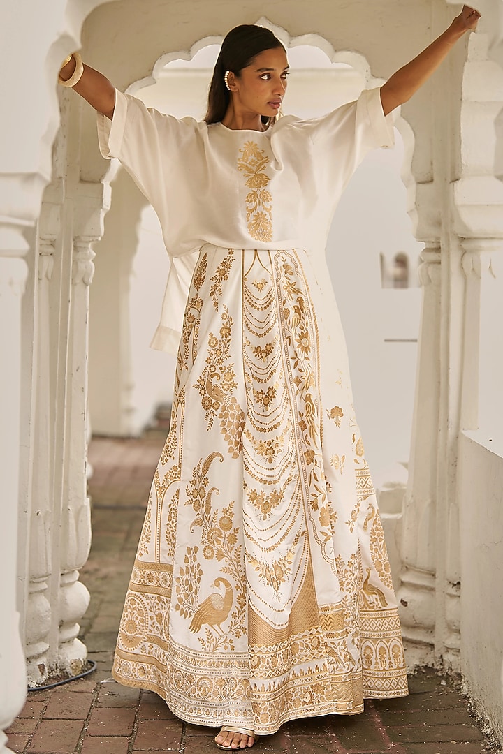 Ivory Banarsi Silk Brocade Block Printed Skirt by Dash and Dot at Pernia's Pop Up Shop