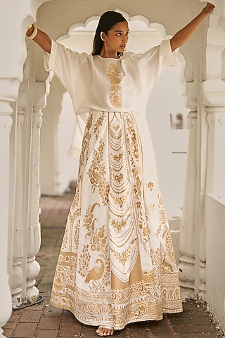 Ivory Banarsi Silk Brocade Block Printed Skirt by Dash and Dot