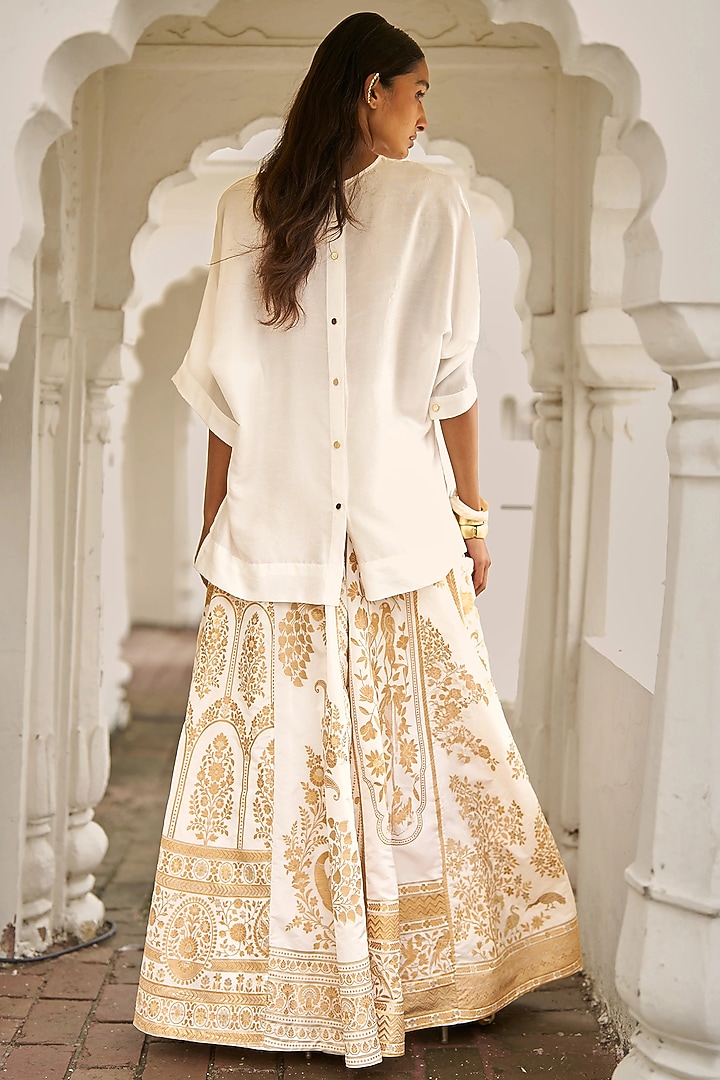 Ivory Banarsi Silk Brocade Block Printed Skirt by Dash and Dot at Pernia's Pop Up Shop