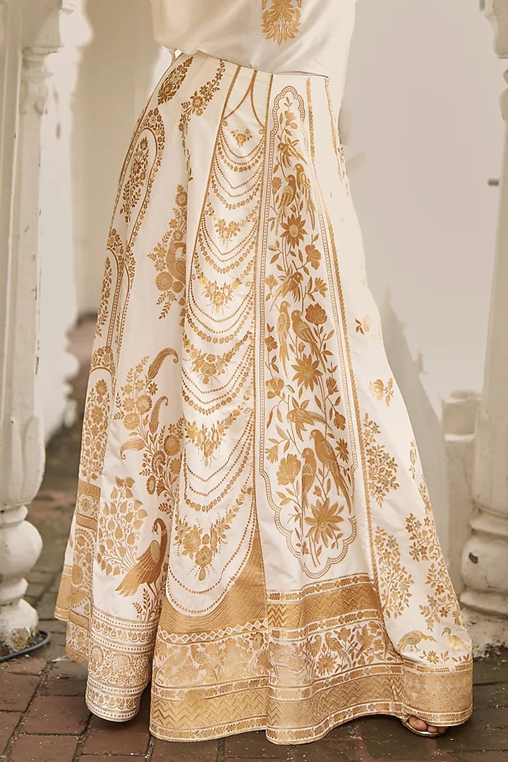Ivory Banarsi Silk Brocade Block Printed Skirt by Dash and Dot at Pernia's Pop Up Shop