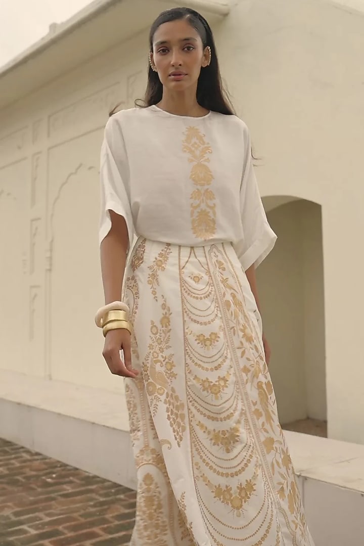 Ivory Banarsi Silk Brocade Block Printed Skirt by Dash and Dot at Pernia's Pop Up Shop