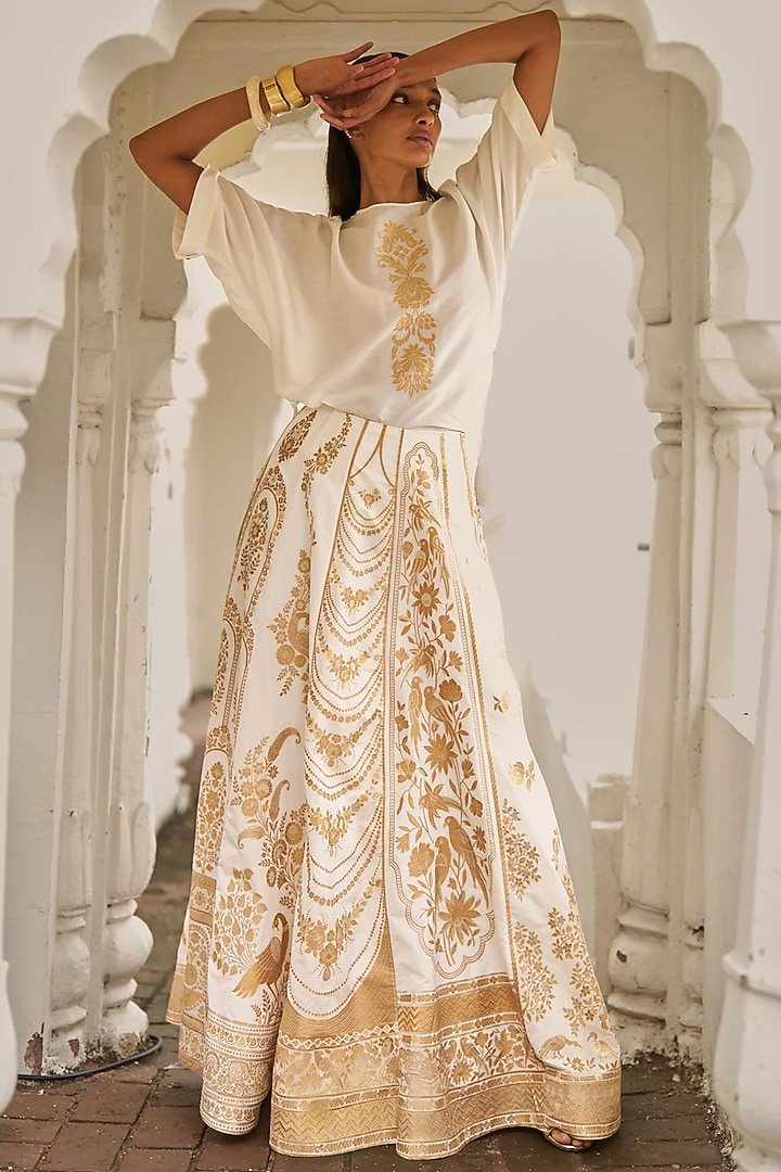 Ivory Banarsi Silk Brocade Block Printed Skirt by Dash and Dot at Pernia's Pop Up Shop