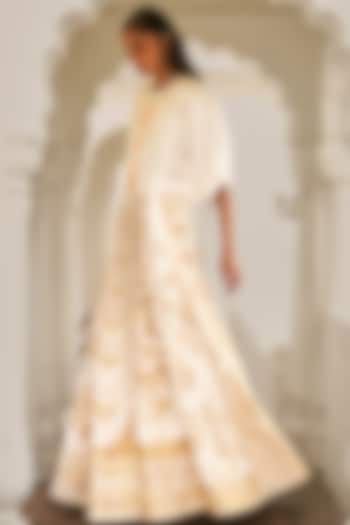 Ivory Banarsi Silk Brocade Block Printed Skirt Set by Dash and Dot at Pernia's Pop Up Shop