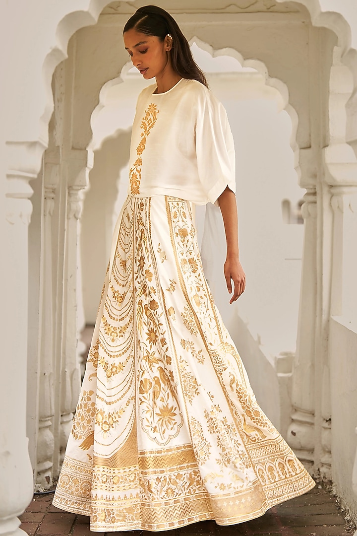 Ivory Banarsi Silk Brocade Block Printed Skirt Set by Dash and Dot at Pernia's Pop Up Shop