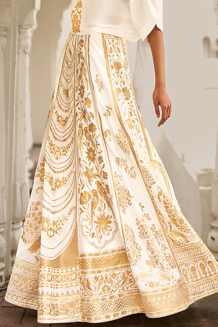 Ivory Banarsi Silk Brocade Block Printed Skirt Set by Dash and Dot at Pernia's Pop Up Shop