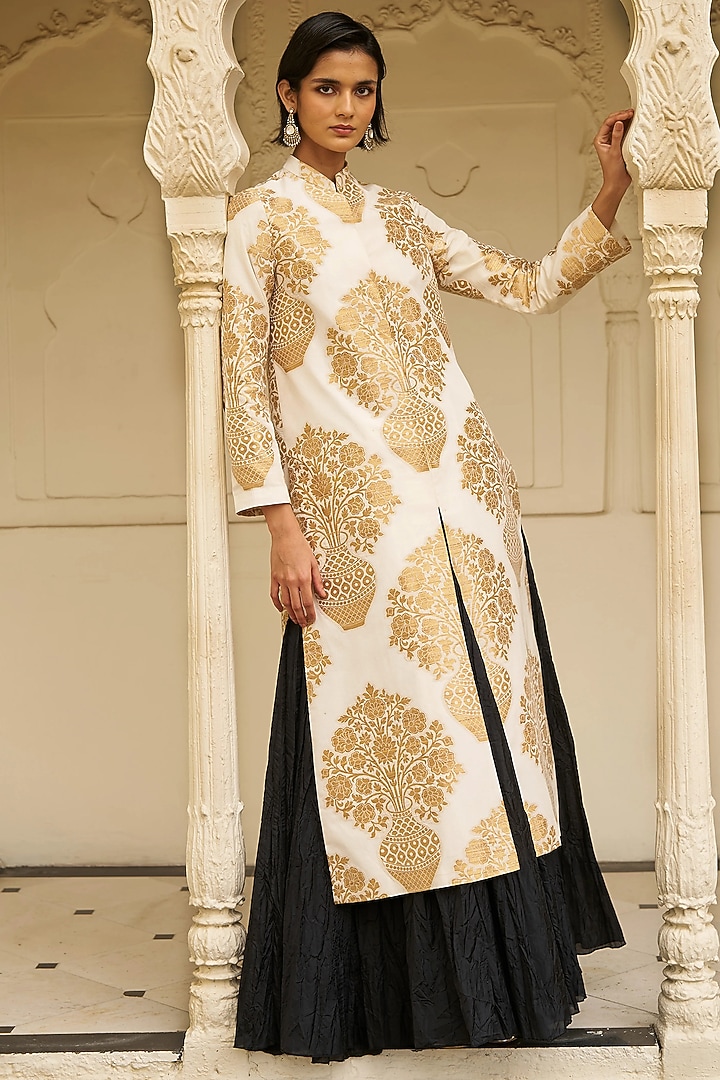 Ivory & Gold Banarsi Silk Brocade Jacket by Dash and Dot at Pernia's Pop Up Shop