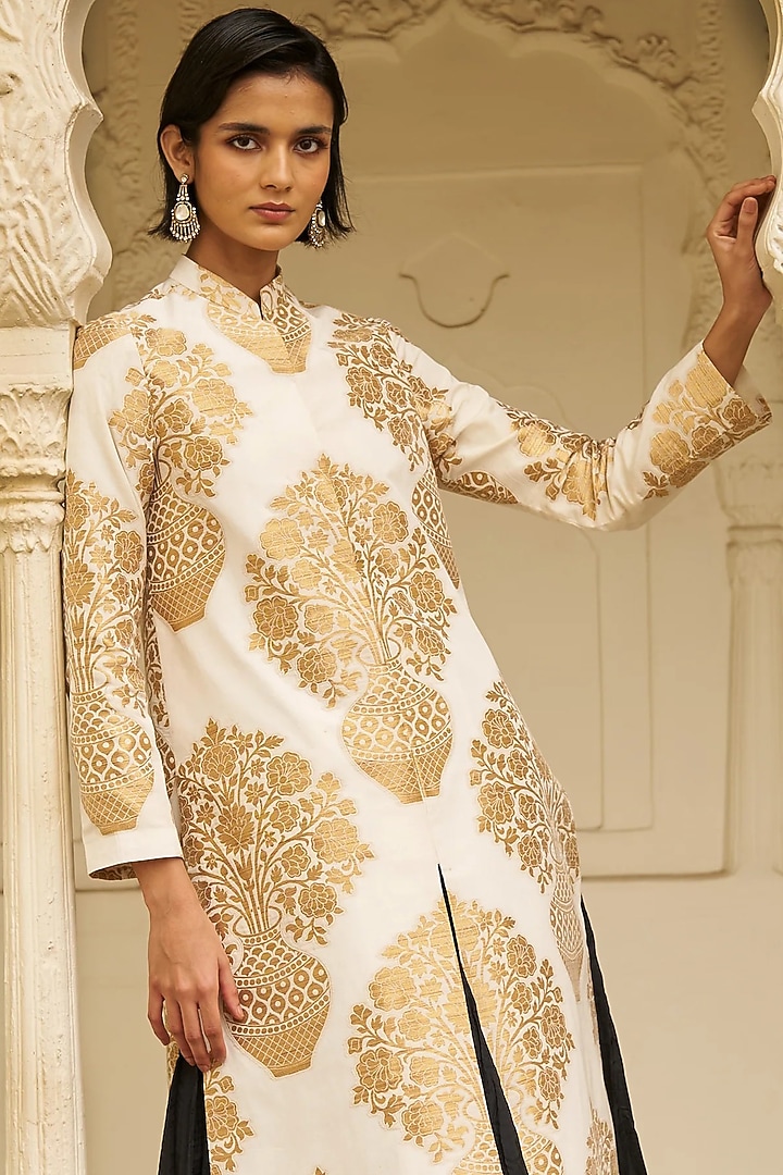 Ivory & Gold Banarsi Silk Brocade Jacket by Dash and Dot at Pernia's Pop Up Shop